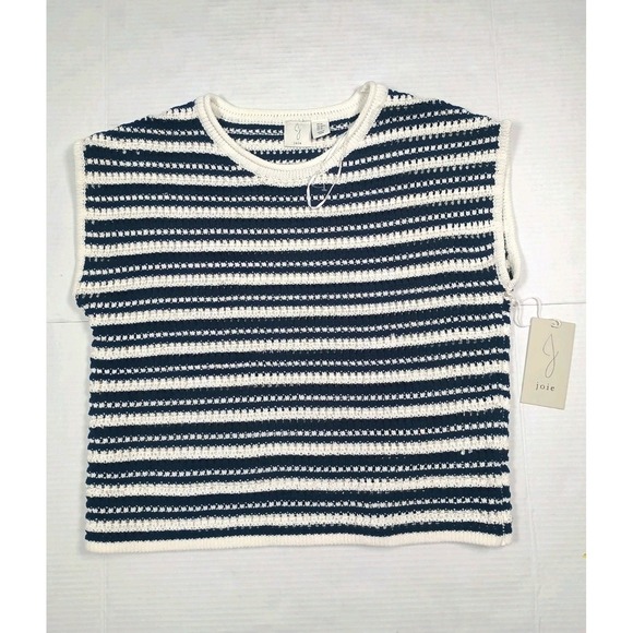 Joie Blue White Stripe Open Knit Sweater Boxy Short Sleeve Medium - Picture 1 of 9